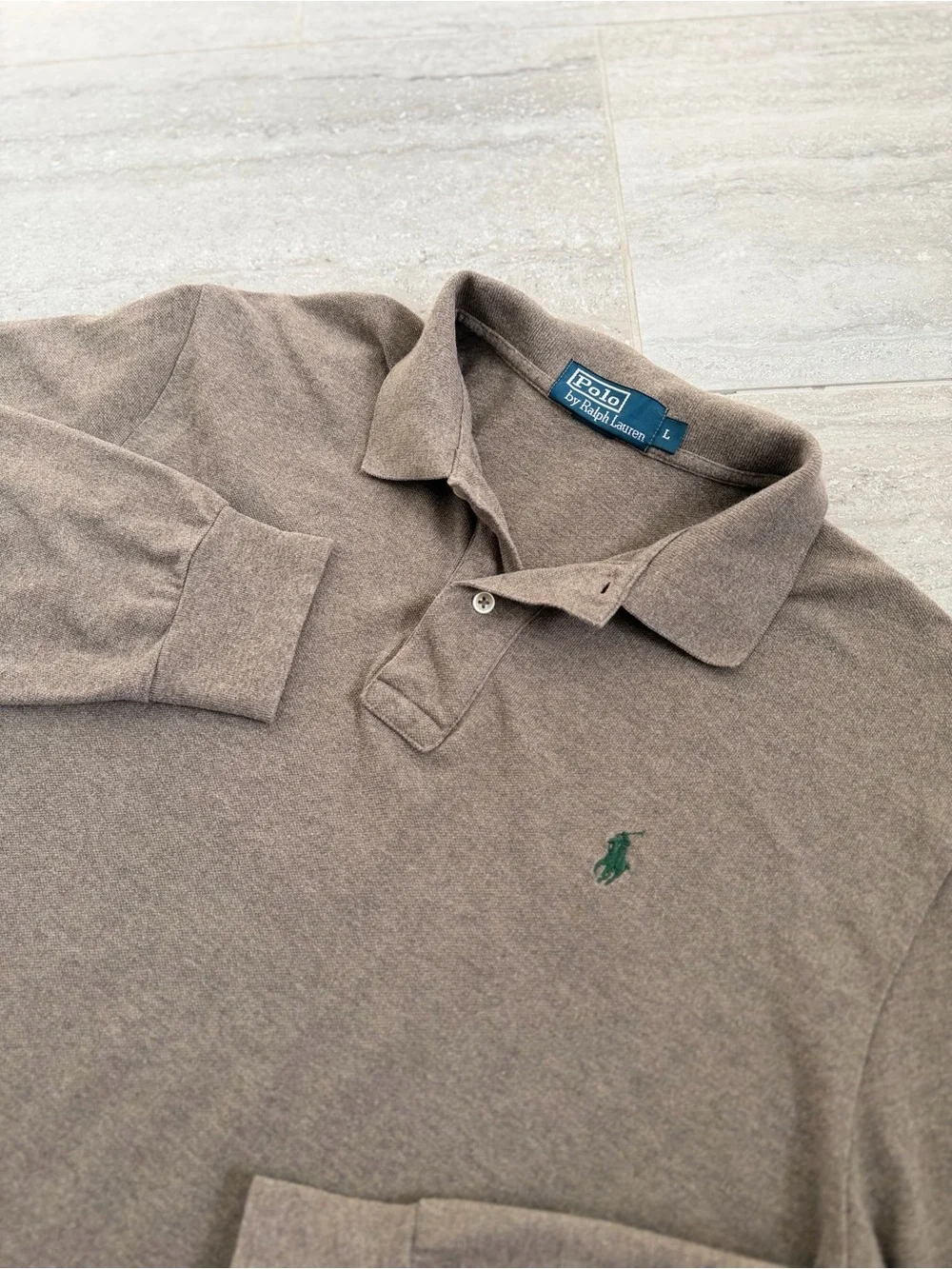 Polo Ralph Lauren Mens Large Brown Heather Long Sleeve Polo Shirt Cotton Classic